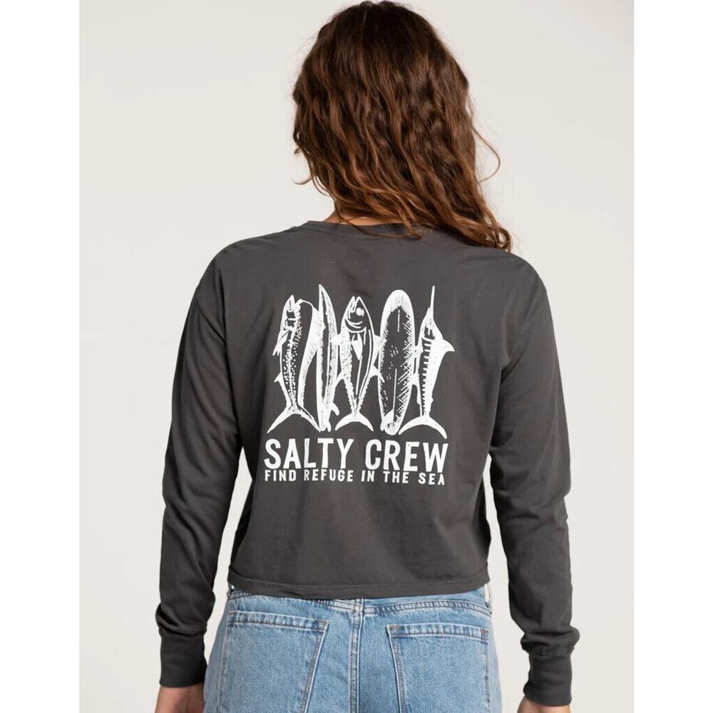 Salty Crew Women's Lateral Line Cropped Long Sleeve Tee T-Shirt in Charcoal